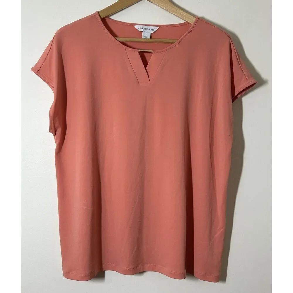 Liz Claiborne Women's Large Flowy Gold V-Neck Detail Peach Orange Cap Sleeve